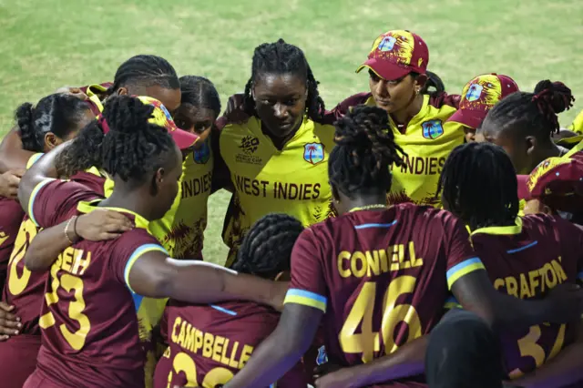 West Indies during a team huddle