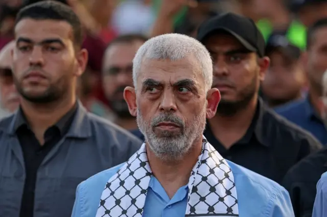 Yahya Sinwar wearing a blue shirt in  Gaza City on October 1, 2022.