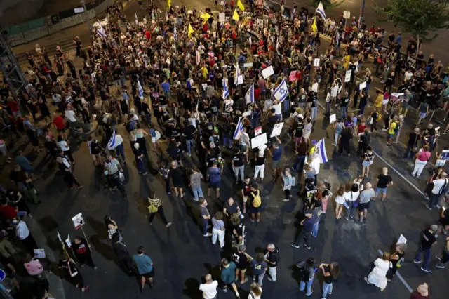 An aerial shot of a group of demonstrators.