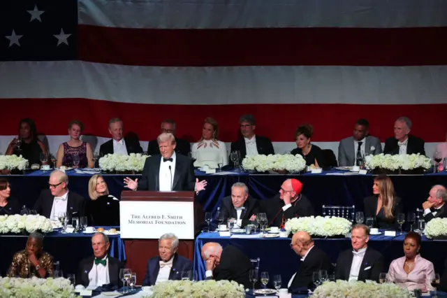 Donald Trump gives a speech at the Al Smith charity dinner in New York