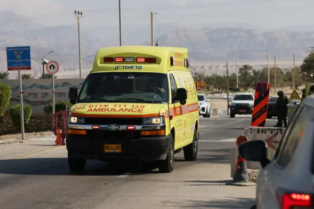 An ambulance arrives near Israel's border with Jordan, south of the Dead Sea, where the IDF says two fighters who crossed into Israel were killed