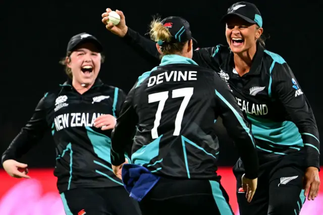 Suzie Bates and Sophie Devine celebrate a wicket