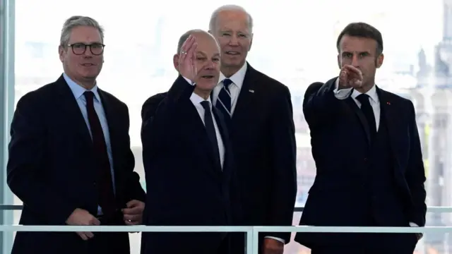 Prime Minister Keir Starmer, German Chancellor Olaf Scholz, US President Joe Biden and French President Emmanuel Macron  in Berlin, Germany today.