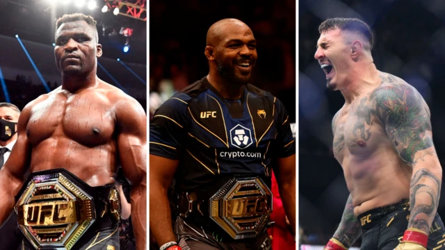 Split image of Francis Ngannou with his UFC title, Jon Jones with his UFC title and Tom Aspinall celebrating