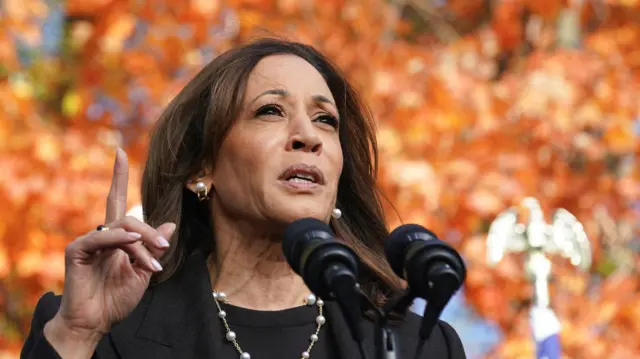 Kamala Harris holds a finger to the air in front of fall leaves with microphones in front of her