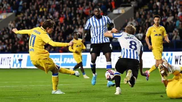 Brenden Aaronson fires the opening goal as Leeds won 2-0 at Sheffield Wednesday in August