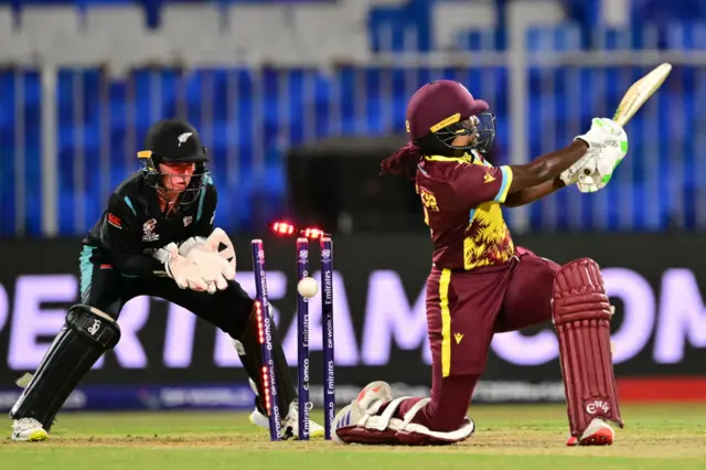 Stafanie Taylor is bowled by Eden Carson