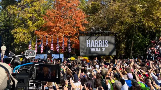 Kamala Harris on an outdoor stage in front of trees and American flags, with a large crowd in front of her