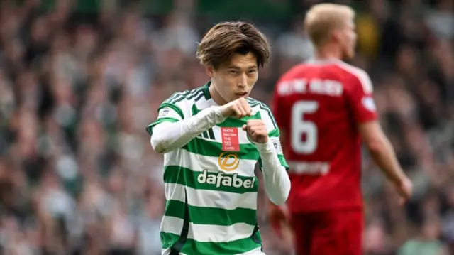 GLASGOW, SCOTLAND - OCTOBER 19: Celtic's Kyogo Furuhashi celebrates scoring to make it 2-0 during a William Hill Premiership match between Celtic and Aberdeen at Celtic Park, on October 19, 2024, in Glasgow, Scotland. (Photo by Rob Casey / SNS Group)