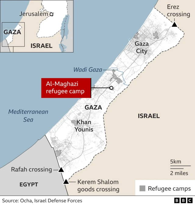 A map showing the location of Al-Maghazi refugee camp.