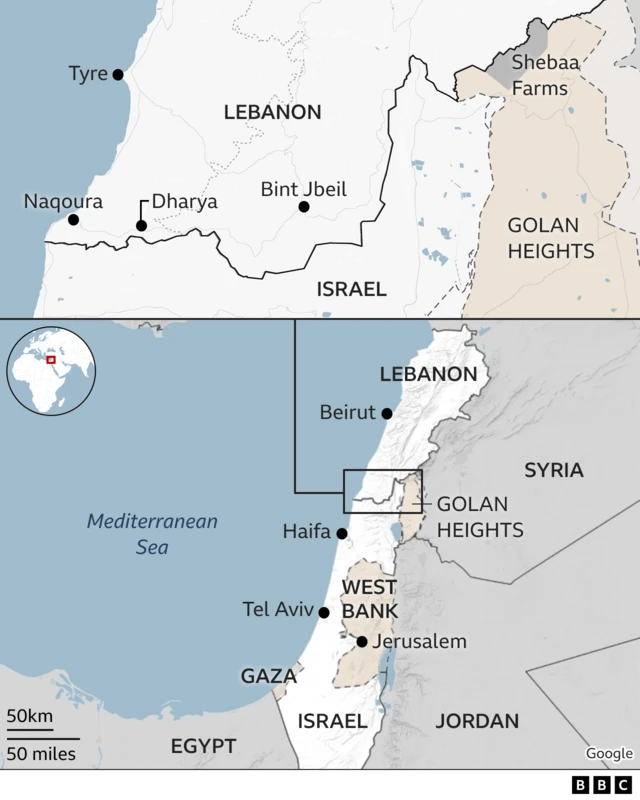 A map showing the location of Bint Jbeil in Lebanon