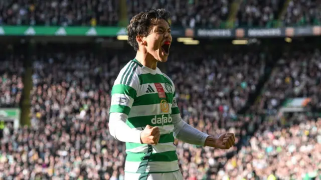 GLASGOW, SCOTLAND - OCTOBER 19: Celtic's Reo Hatate celebrates scoring to make it 1-0 during a William Hill Premiership match between Celtic and Aberdeen at Celtic Park, on October 19, 2024, in Glasgow, Scotland. (Photo by Rob Casey / SNS Group)