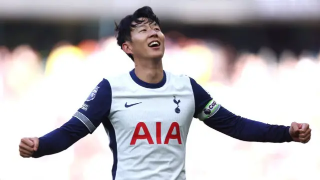 Son Heung-Min of Tottenham celebrates scoring his team's fourth goal