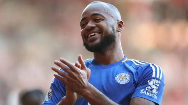 Jordan Ayew of Leicester City acknowledges the fans after the Premier League match