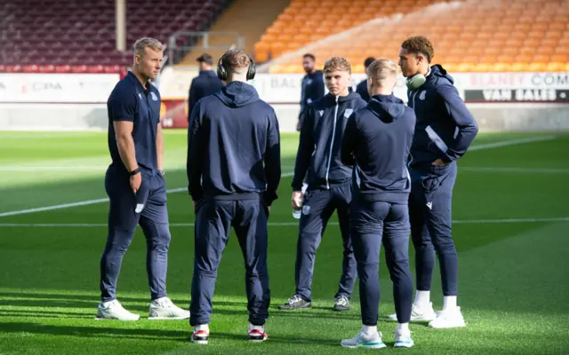 Dundee's Curtis Main, Sammy Braybrooke and Ethan Ingram pre-match during a William Hill Premiership match between Motherwell and Dundee at Fir Park,