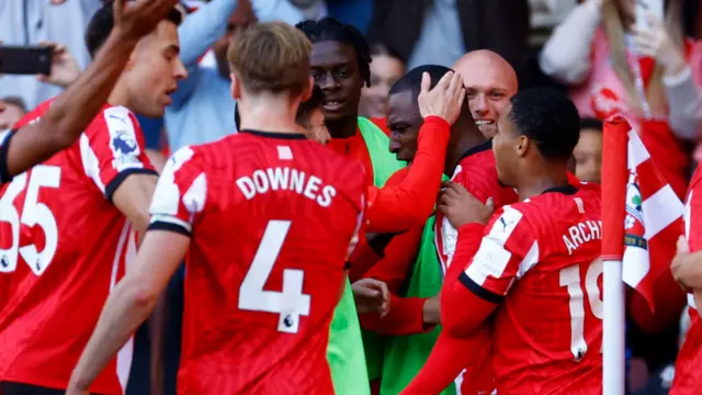 Southampton's Joe Aribo celebrates scoring their second goal with teammates