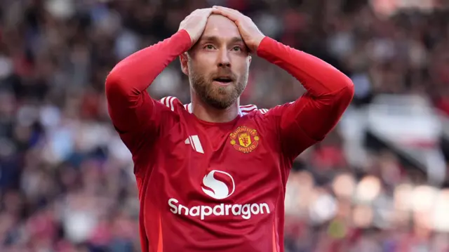 Manchester United's Christian Eriksen reacts after shooting over