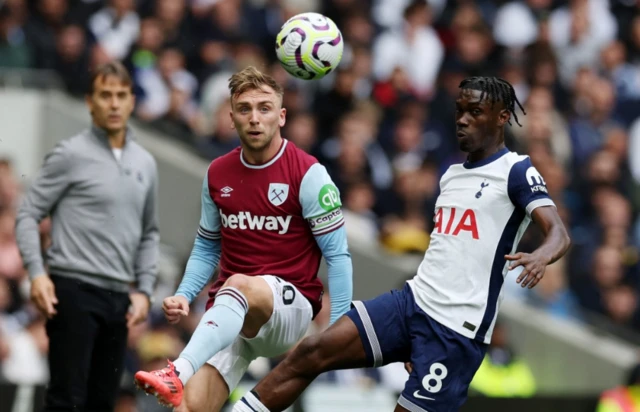 Jarrod Bowen in action with Tottenham Hotspur's Yves Bissouma