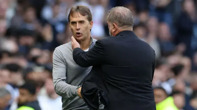 West Ham United manager Julen Lopetegui with Tottenham Hotspur manager Ange Postecoglou after the match