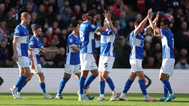 Birmingham City players celebrate their win over Lincoln