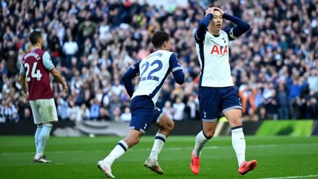 Son Heung-Min of Tottenham Hotspur reacts following a missed chance