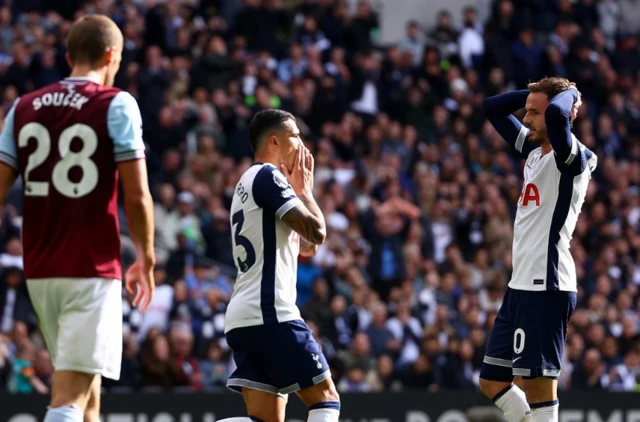 Pedro Porro and James Maddison react after a missed chance