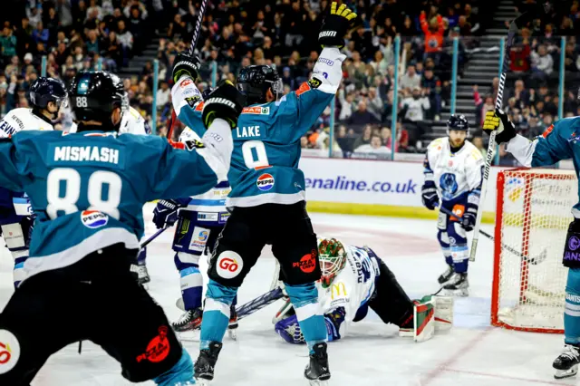 Ben Lake celebrates scoring for the Belfast Giants