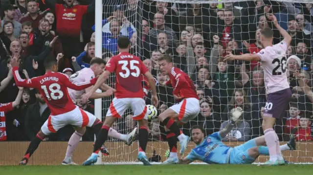 Casemiro shoots but fails to score during the Premier League match between Manchester United and Brentford