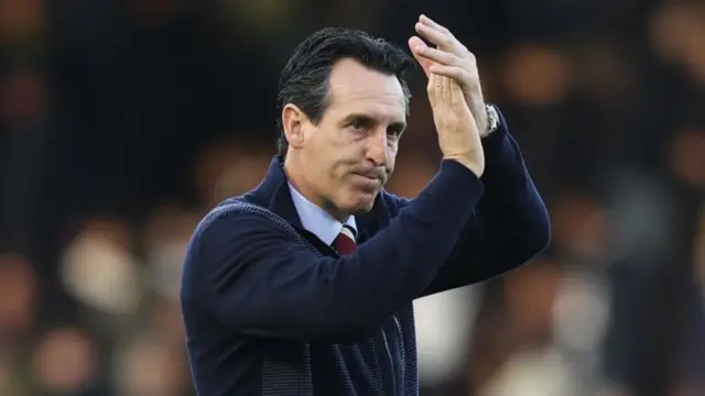 Unai Emery, manager of Aston Villa, celebrates the victory