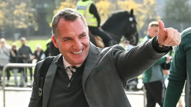 GLASGOW, SCOTLAND - OCTOBER 19: Celtic manager Brendan Rodgers arrives ahead of a William Hill Premiership match between Celtic and Aberdeen at Celtic Park, on October 19, 2024, in Glasgow, Scotland. (Photo by Rob Casey / SNS Group)