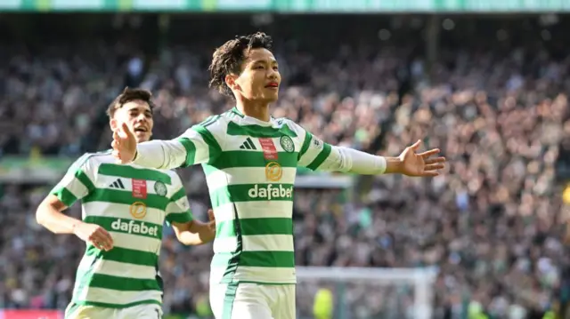 GLASGOW, SCOTLAND - OCTOBER 19: Celtic's Reo Hatate celebrates scoring to make it 1-0 during a William Hill Premiership match between Celtic and Aberdeen at Celtic Park, on October 19, 2024, in Glasgow, Scotland. (Photo by Rob Casey / SNS Group)