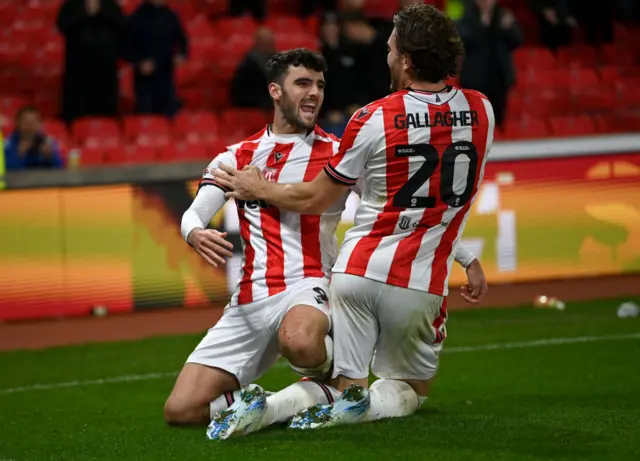 Thomas Cannon of Stoke celebrates with Sam Gallagher