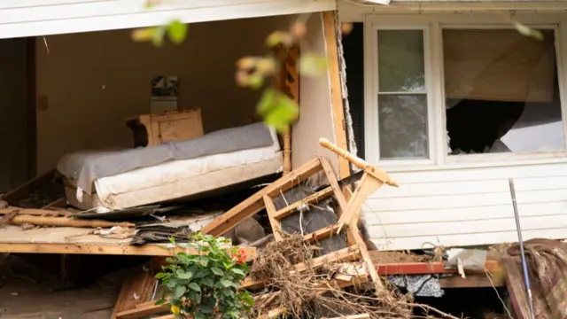 : A flood destroyed home in the aftermath of Hurricane Helene on October 1, 2024 near Black Mountain, North Carolin