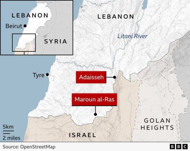 A map shows the villages of Maroun al-Ras and Adaisseh in southern Lebanon