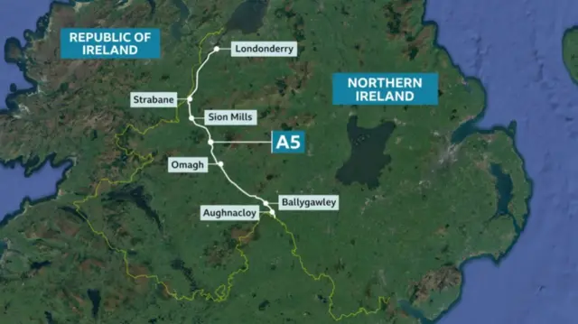 Map showing the route of the A5 with the towns and cities of Londonderry, Strabane, Sion Mills, Omagh, Ballygawley, and Aughnacloy lablled along the road.