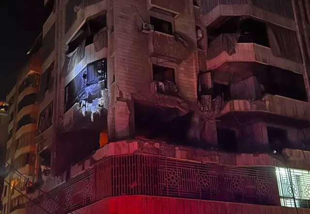 A building damaged by an Israeli an airstrike in Beirut's Bachoura neighbourhood