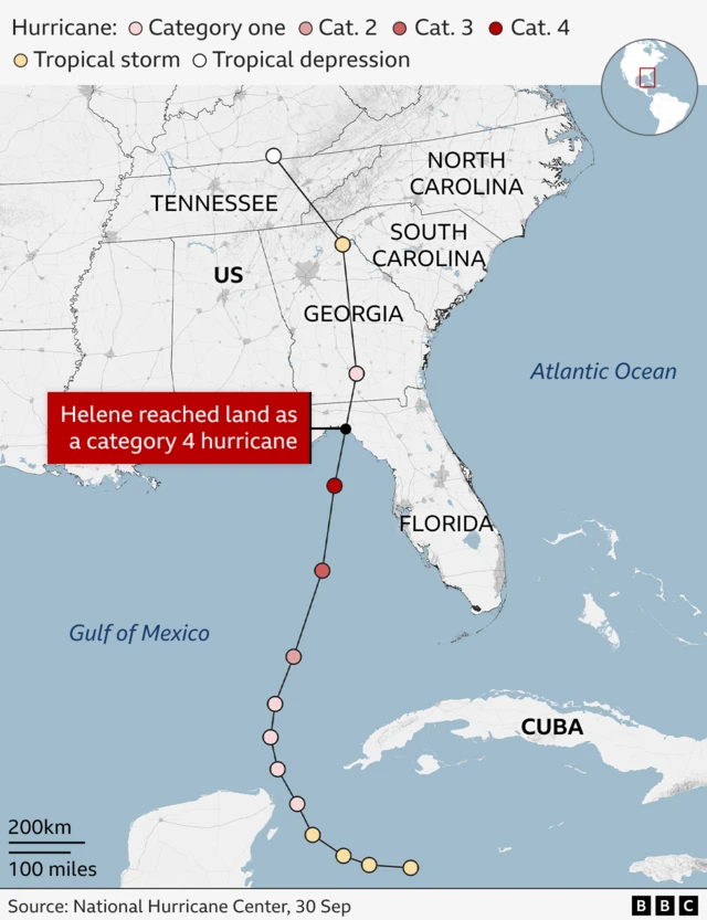 Map showing trajectory of Helene