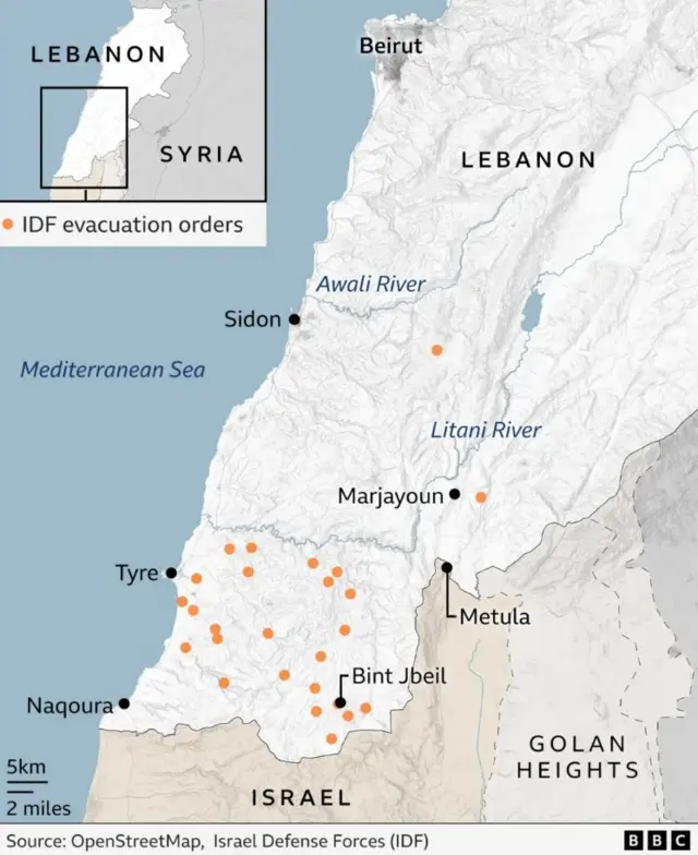 A graphic showing the locations of the areas affected, primarily clustered south of the Litani River