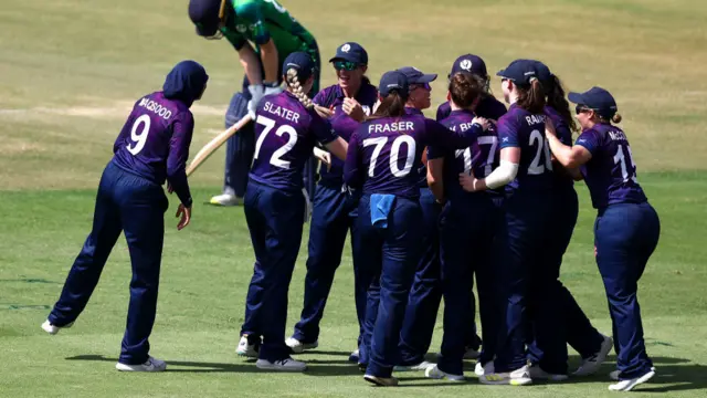 Scotland celebrate an Ireland wicket during the Women's T20 World Cup qualifier tournament