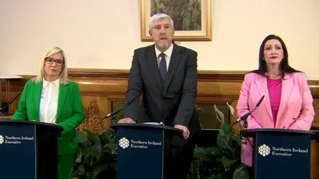 Michelle O'Neill, John O'Dowd and Emma Little Pengelly