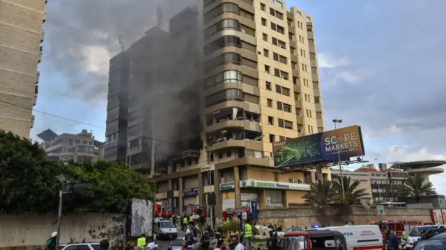 A building in Beirut that was damaged in an Israeli airstrike in a photo from Tuesday