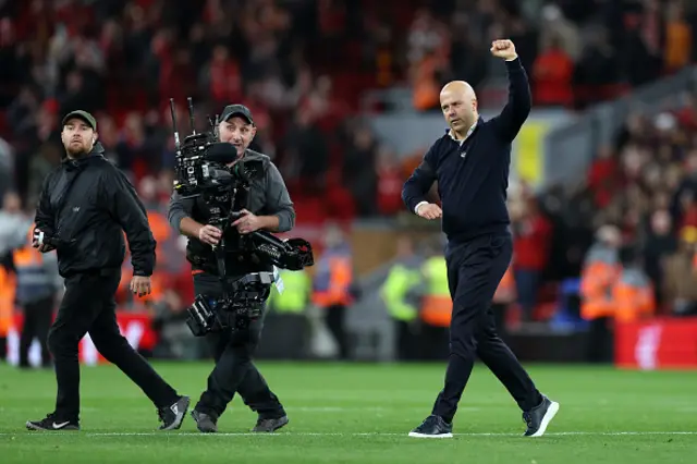 Arne Slot, Manager of Liverpool, celebrates