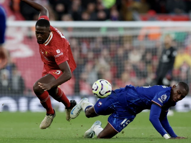 Liverpool's Ibrahima Konate in action with Chelsea's Nicolas Jackson