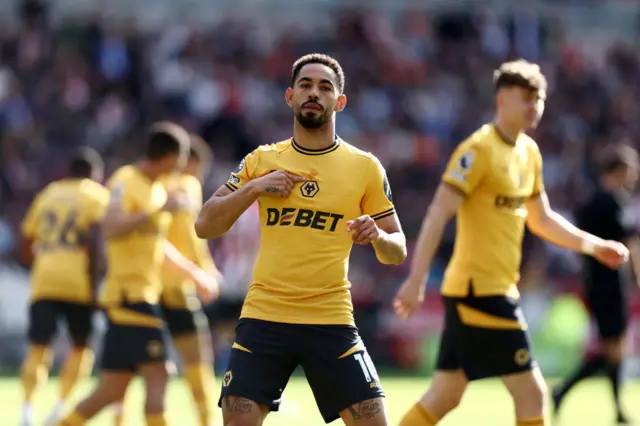 Matheus Cunha celebrates scoring for Wolves.