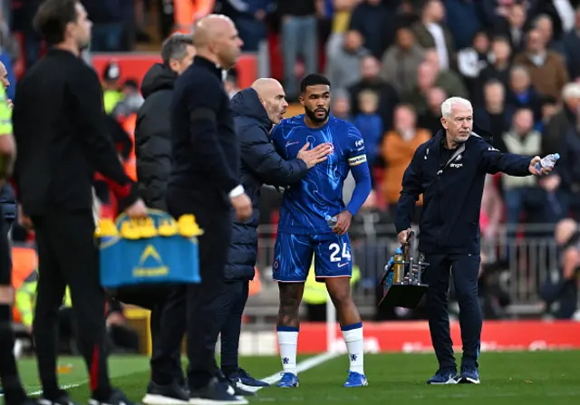 Enzo Maresca, Manager of Chelsea, interacts with Reece James