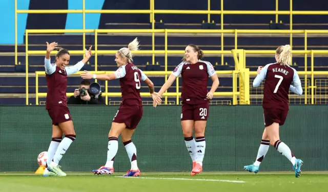 Gabi Nunes of Aston Villa celebrates scoring her team's first goal with teammate Rachel Daly