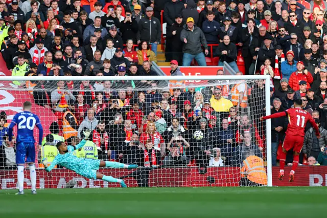 Robert Sanchez of Chelsea fails to save a penalty kick