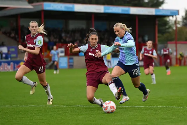 tina Balckstenius of Arsenal is fouled by Amber Tysiak of West Ham United, resulting in a penalty kick