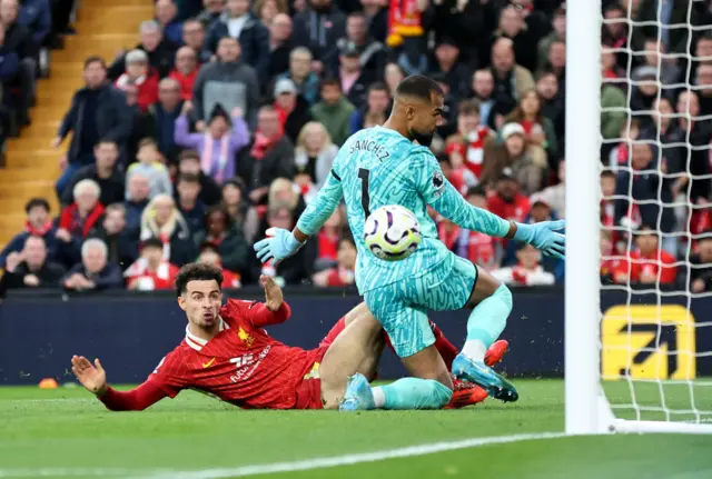 Robert Sanchez concedes against Liverpool midfielder Curtis Jones