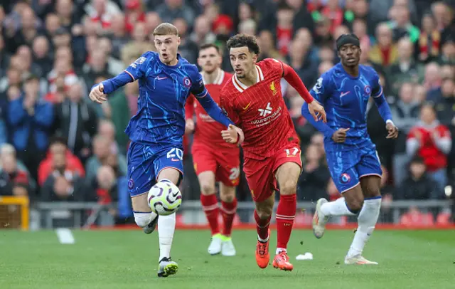 : Liverpool's Curtis Jones battles with Chelsea's Cole Palmer